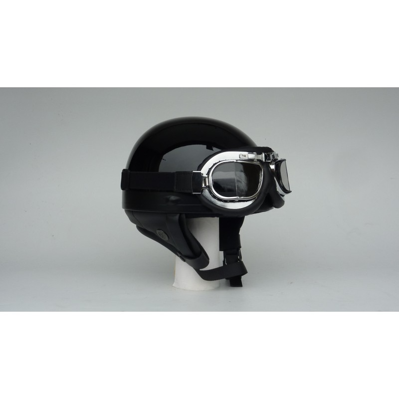 casque demi bol rétro noir brillant N10 avec lunettes aviateur